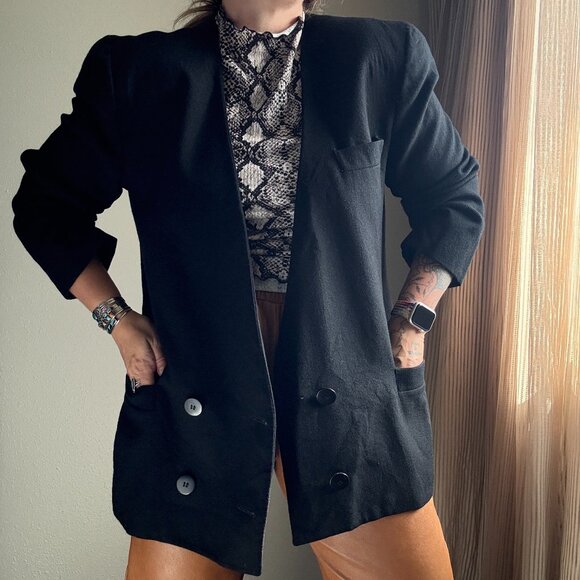 Vintage 80s Christian Dior The Suit Black Wool Double Breasted Blazer | L/XL - Picture 1 of 12
